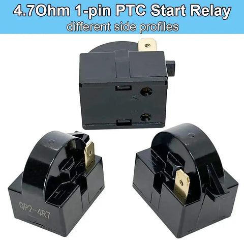 Refrigerator Starter PTC Start Relay 4.7 Ohm 1 Pin With 6750C0005P Overload Protector, different side profiles shown