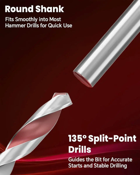 Round shank and 135-degree split-point drills from Complete 131 Piece Thread Repair Kit With HSS Drill Bits Taps And Inserts For M5 To M12 Screw Holes DIY Ready Pro Grade Heavy Duty Metal Repair Set For Cars Machinery And Home Projects