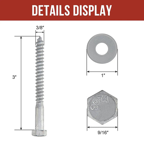 Heavy Duty Three Eighths Inch by Three Inch Lag Bolts Set with 50 Lag Screws and 50 USS Washers, detailed display