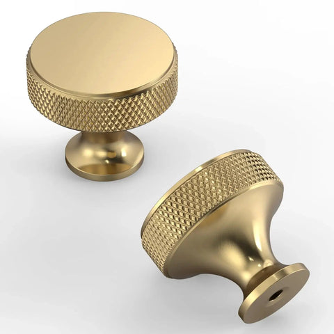 Two champagne bronze knurled cabinet knobs from 10 Pack Champagne Bronze Knurled Cabinet Knobs Kitchen Cabinet Handles For Drawer Cupboard Wardrobe Doors Easy Install And Durable Construction ZH0036 displayed from different angles.