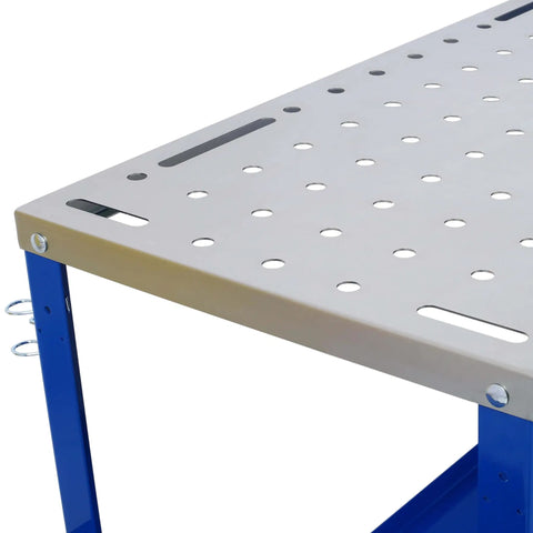 Close-up of 36x18 Inch Heavy Duty Welding Workbench On Wheels With 1200 Pound Load Capacity showing the top surface and holes