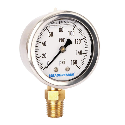 MEASUREMAN RV water pressure regulator gauge, 0–160 psi, glycerin-filled, stainless steel case, 2-inch dial, 1/4 in. NPT