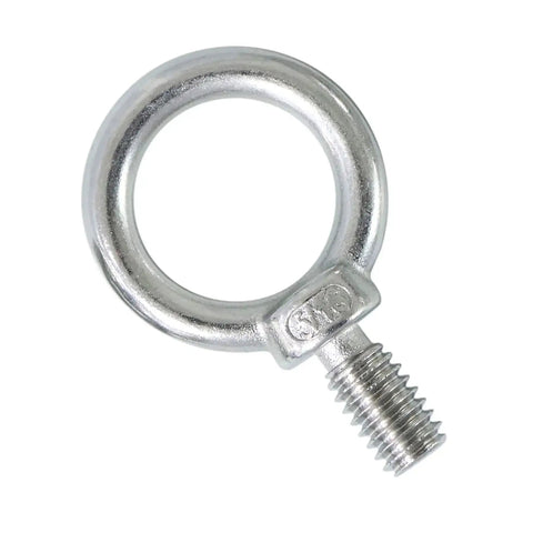 Close-up of Beefed Up 5/16 Inch UNC Shoulder Eye Bolts Stainless Steel 316 Marine Grade Lifting Eye Bolts set for cables and ropes.