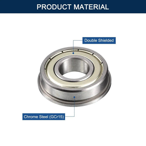 Ultra Durable Flanged Ball Bearing Set With Double Shielding And Deep Groove For Precision Mini Machinery ID Three Eighths Inch OD Seven Eighths Inch Width Nine Thirty Seconds Inch Flange Diameter One Inch Pre Lubricated Chrome Steel GCr15 Four Pack, close-up of single bearing showcasing chrome steel and double shielding.