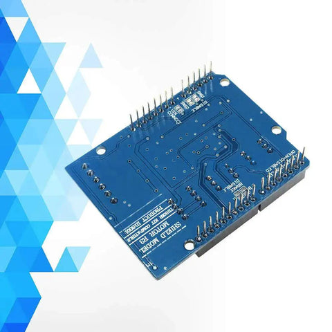 Back view of a L298P Shield R3 Motor Driver Module Expansion Board H Bridge 2A for Arduino Uno Mega 2560, showing pin layout.