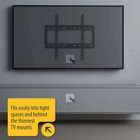 One And Three Quarters Inch Hole Saw Wall Plate With Brushes For In Wall Cable Management Hides Multiple Cords Behind A Wall Mounted TV And Cameras DIY Friendly Cord Hider For A Clean Modern Home Theater Setup installed in wall below TV