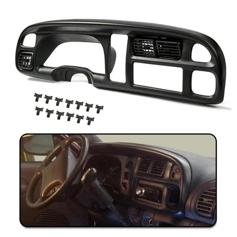 Dashboard Bezel Cover For Dodge Ram 1998 To 2002 Instrument Panel in black plastic with installation hardware, shown installed in a vehicle.