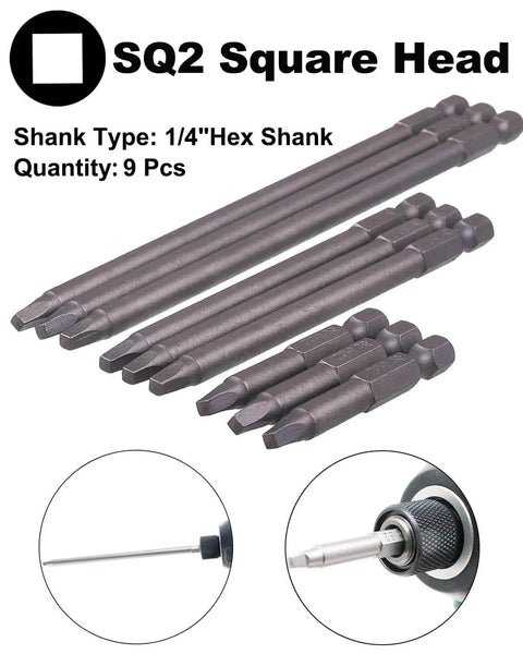 9 Pack One Quarter Inch Hex Shank Long Magnetic Square Head Screwdriver Bits Set with SQ2 Two, Four, Six Inch S2 Steel Bits