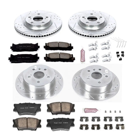 PowerStop front and rear drilled-slotted brake rotors with ceramic pads kit and hardware