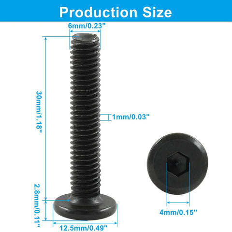 Front view of 20 Pack M6 30mm Flat Head Socket Cap Screws Countersunk Bolts For Furniture Carbon Steel, showing dimensions