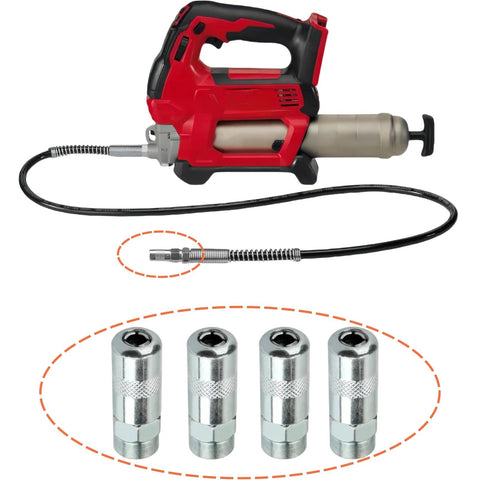 Milwaukee 4-pack replacement grease gun coupler tips for M18/M12 guns with flexible hose.