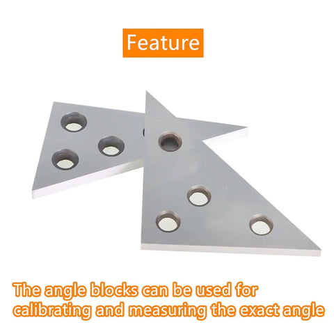 Two Piece Angle Plate Set For Machinists With 45 45 90 And 30 60 90 Triangle Blocks, Solid Hardened Steel Construction, Four Holes For Easy Mounting