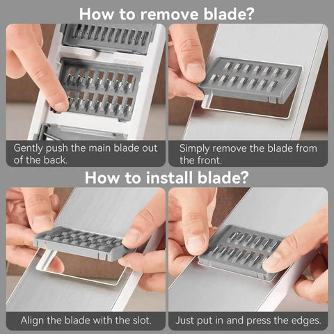 Versatile Mandoline Slicer KEOUKE With Six Interchangeable Blades Magnetic Back And Safe Hand Guard blade removal and installation guide