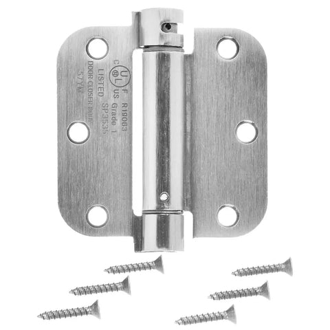 Self-Closing Door Hinge For Standard Doors Satin Nickel Finish Three And A Half Inch By Three And A Half Inch Five Eighths Inch Radius One Piece Steel Construction Hardware Included, with mounting screws