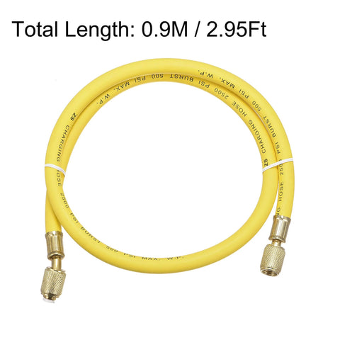 Yellow refrigerant charging hose, 1/4 SAE flare, 0.9 m length, 500 PSI, HVAC home air conditioner maintenance tube