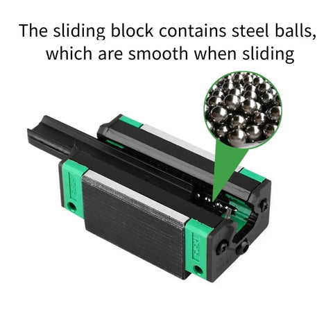 Close-up of HGH20CA carriage with steel balls for 2 Piece 800mm HGR20 Linear Guide Rail Kit With 4 HGH20CA Carriages For DIY CNC Routers Lathes Mills And 3D Printers Includes Wrench And Plastic Dust Caps For Maker Friendly Smooth Precision And Durable Performance