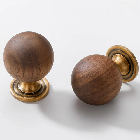 10 Pack Walnut Wood Sphere Cabinet Pulls With Copper Base 1.18 Inch Drawer Knobs for dresser wardrobe cupboard cabinets