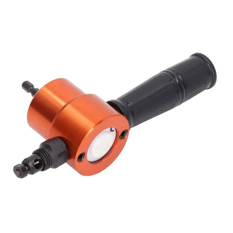 360 Degree Double Head Cutter Nibbler Attachment for Sheet Metal Cutting, orange and black dual-head tool, front view.