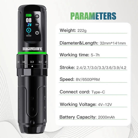 Dragonhawk L3 cordless tattoo pen machine with LCD display, black with green ring