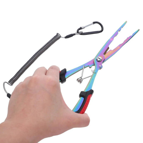 Person holding Multifunctional Long Nose Fishing Pliers With Line Cutter And Hook Remover For Saltwater And Freshwater Fishing Stainless Steel Grippers
