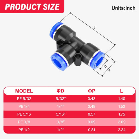 Blue push-to-connect tee pneumatic fitting with black body and blue collars, 6mm OD, PE-6, pack of 10.