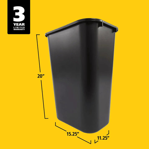 Durable 41 Quart Stackable Wastebasket Trash Can In Black, Heavy Duty Plastic With Rolled Rim, shown with dimensions and 3-year warranty badge