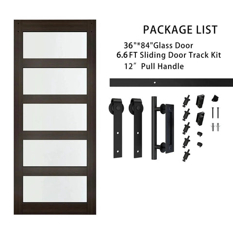 36 Inch By 84 Inch Glass Barn Door With 6.6 Foot Sliding Door Hardware Kit Included And Handle Five Panel Frosted Glass Solid Wood Slab With Waterproof PVC Surface For Privacy And Durability Pre Drilled For Easy Assembly Brown package contents.