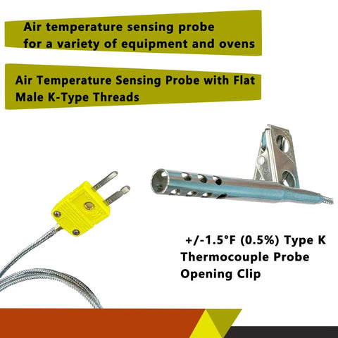 Type K thermocouple air probe with open-hole stainless steel tube and mounting clip, yellow connector