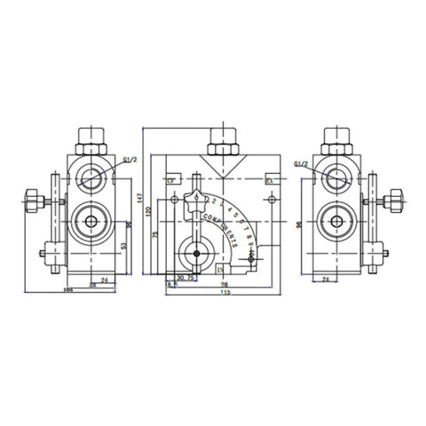 Technical drawing of Hydraulic Adjustable Variable Flow Control Valve For Log Splitters With Three Quarter NPT Fittings 0 To 30 GPM