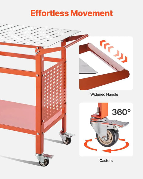 Beefy 40-Inch By 24-Inch Welding Table On Wheels With 800 Lbs Static Load And 600 Lbs Dynamic Capacity, showing handle and casters