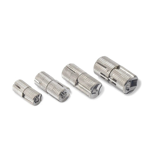 Four Pack Brass Barrel Hidden Hinges For Concealed Cabinet Doors With 180 Degree Swing, shown in various sizes from 8mm to 16mm.