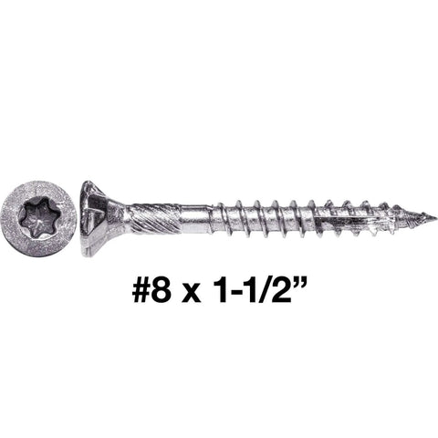 Beefy Eight By One And One Half Inch Silver Star Stainless Steel Wood Screw With Torx Star Drive Head, side view