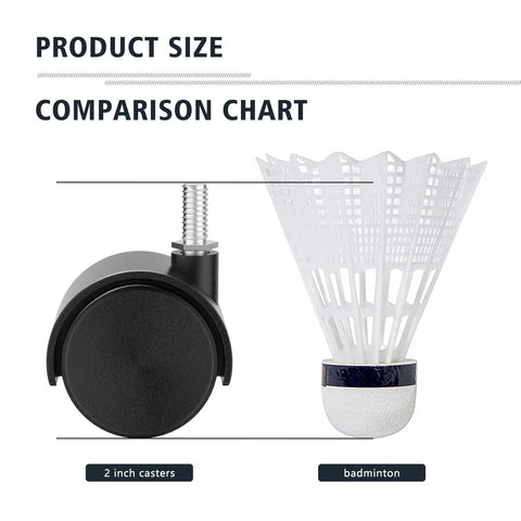 Beefy 2 Inch Nylon Casters Set comparison with badminton shuttle showing size and M8 threaded stem