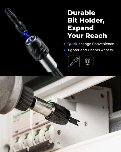 Quick-release feature of 32 Piece Pro Grade Tamper Proof Security Bit Set With Torx Hex Tri Wing Spanner And Clutch Bits One Quarter Inch Adapter in use