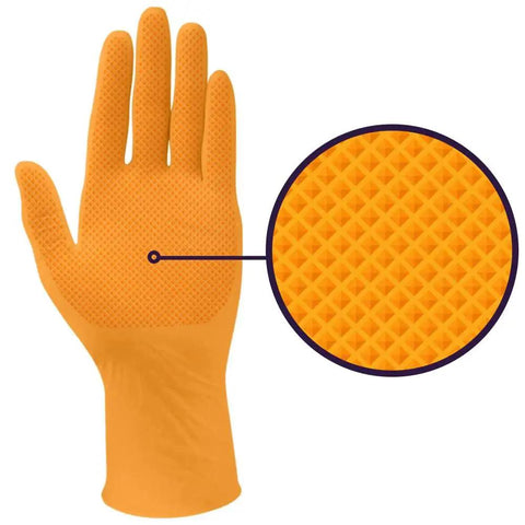 8 Mil Orange Nitrile Gloves Heavy Duty Diamond Textured Industrial Food Handling, close-up on diamond texture.