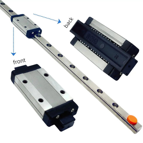 Mini Linear Guide Rail 400mm Pair With MGN9H Sliding Block For Dope Pro Grade Low Friction Whisper Quiet Linear Motion In 3D Printers CNC Machines Medical And Automation Gear, showing front and back view of rail and sliding block.