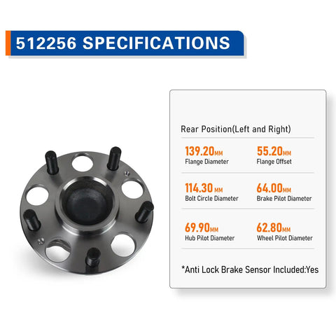 Image of Rear Wheel Bearing Hub Assembly 512256 with specifications for Acura CSX 2006 2010 and Honda Civic 2006 2011 EX Si 5 Lug