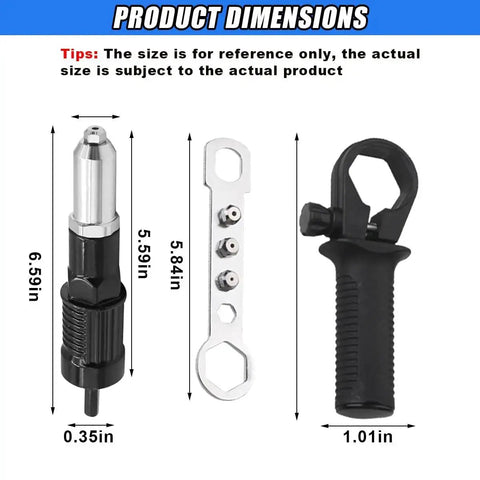 Rivet Drill Adapter Kit For Cordless Drills With Four Rivet Heads 2.4mm 3.2mm 4.0mm 4.8mm Aluminum Alloy Attachment dimensions