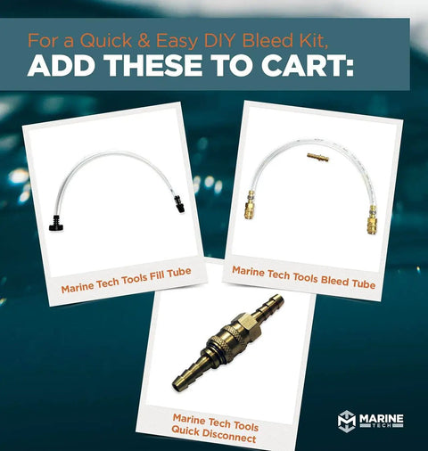 Marine Tech Tools bleed tube, fill tube, and quick disconnect for Seastar hydraulic systems, showcasing easy DIY bleed kit components.