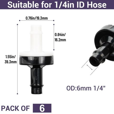 Inline check valve plug-in barb, ABS plastic, white top, black body, 1/4 in ID, pack of 6