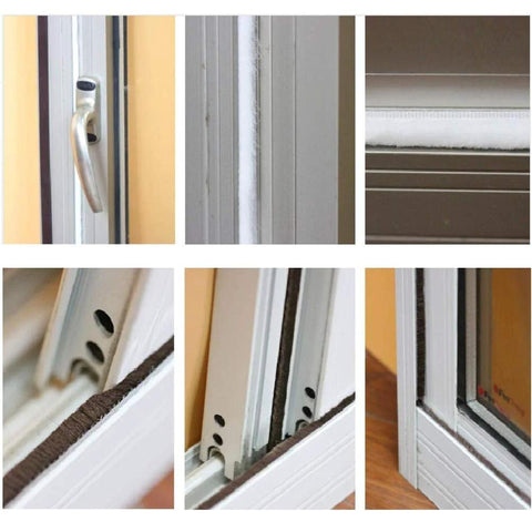 TORRAMI fuzzy brush weatherstripping for doors, white, 11/32 in x 11/32 in, 16 ft, self-adhesive

Side view of white fuzzy brush seal weatherstripping on door frame

Close-up of white felt insulation strip along door edge

Close-up of weatherstripping along bottom door track and edge

Installed fuzzy weatherstripping along door jamb with holes for screws

Angled view of door frame with white fuzzy brush seal installed