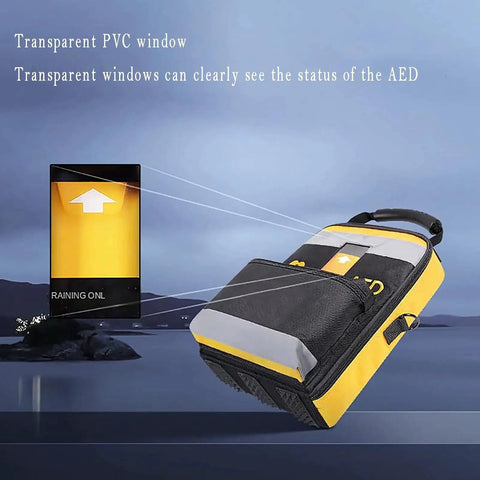 Durable AED Defibrillator Pouch for AED120MC with clear window and reflective strips, shown with transparent PVC display.