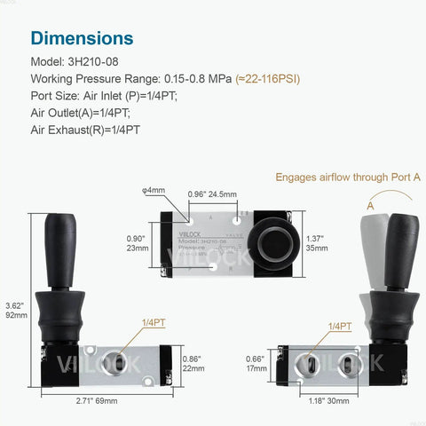 Three Way Two Position Pneumatic Solenoid Valve With Hand Lever Push Pull Manual Control One Quarter Inch NPT Ports Aluminum Body Direct Drive Model 3H210-08 Heavy Duty Industrial Air Valve dimensions