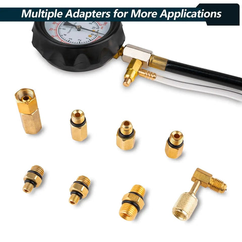0 To 140 PSI Fuel Pressure Tester Kit For Fuel Injectors And Pumps with gauge and various adapters displayed.