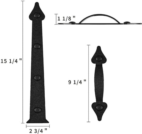 Magnetic Garage Door Decorative Hardware Kit With Faux Hinges And Handles, 6 Piece Set In Black, showing hinge and handle dimensions.