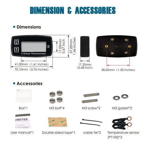 Dual Channel Engine Temperature Gauge With Backlit LCD And Overheat Alerts with dimensions and accessories including sensors and bolts.