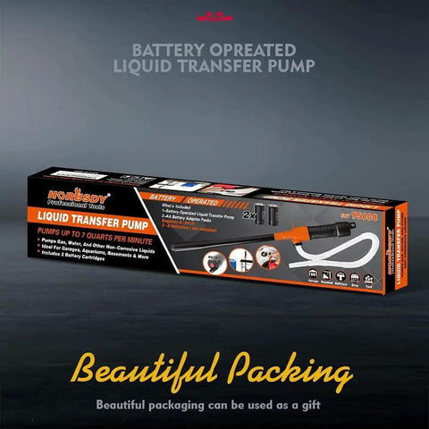 Portable Battery Powered Fuel Transfer Pump 2.2 GPM Siphon For Gas And Liquid packaging box on display.