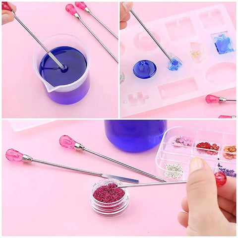 Must-Have 11 Pcs Resin Tools Kit With Stirrers Spoons Poke Needles Anti-Static Tweezers And Pipette For Resin Art Jewelry Making Epoxy Casting DIY Crafts Rose Red in use to mix resin and glitter details in molds.
