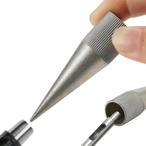 Close-up of leather round hole punch and edge sharpener tool, silver gray, with emery-coated polisher for DIY leatherwork