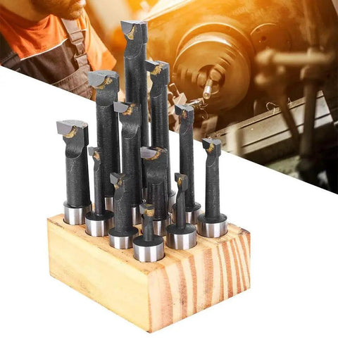 12 Piece F1 Type Five Eighths Inch Boring Cutter CNC Milling Tools Kit Set on wooden stand, high speed steel.